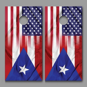 May include: Two regulation-sized cornhole boards with a red, white, and blue American flag design and a Puerto Rican flag design. The boards are made of wood and have a hole in the center.