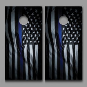 Thin Blue Line Waving Flag Cornhole Decal Wraps-Customization Availablecorn hole