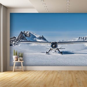 Bush Plane Landing Snow Covered Mountains Wall Mural
