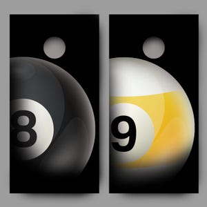 May include: Two black and white pool ball images with the numbers 8 and 9 on them. The 8 ball is black with a white number and the 9 ball is yellow with a black number.