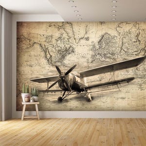 For the Aviation Enthusiast Aged Sepia Map with Airplane Wall Mural