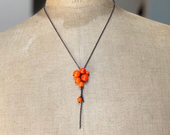 Necklace Vintage Glass Beads Oxidized Sterling Silver Chain Toggle Clasp Princess Length Cluster Round Opaque Orange