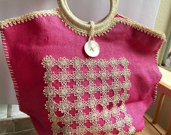 Vintage Pink Woven Bag Top Handle Handbag Oversized Purse Burlap Beach Capiz Shell 1960s Palm Springs Lily Pulitzer Style Travel Tatting