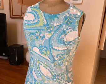 Vintage Sleeveless Zip Dress A Line Mod Baby Blue Paisley Fabric 60s 1960s Lined Cotton Polyester Small Size Hawaiian Luau Palm Springs