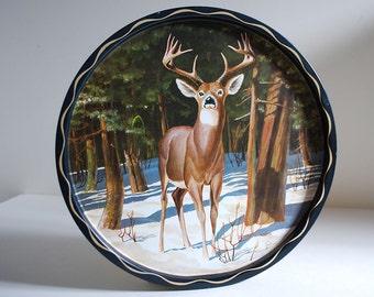 Vintage Metal Deer Buck Tray Platter Wisconsin Cabin Decor Woods Woodsy Nature Snowfall Winter Forest James Artig Artwork Stag