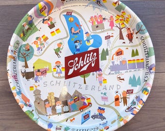 1957 Vintage Schlitz Metal Beer Serving Tray Kitsch Schlitzerland Mid Mod Illustrations