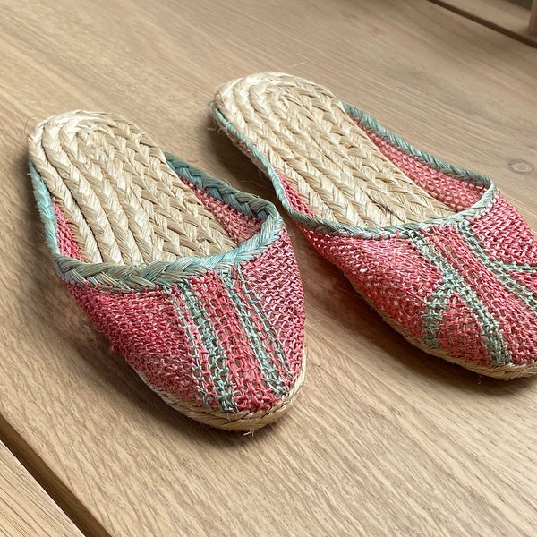 Little Vintage Woven Slippers Child Shoes Girls Flip Flops Doll Slides Natural Fiber Braided Basketry Island Pink Palm Grass Reeds Boho