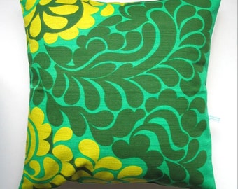 Vintage Fabric Pillowcase Square Shape Psychedelic Groovy Print 70s 60s Green Swirly Boho Heavyweight Waves Couch Pillow Bright Tropical