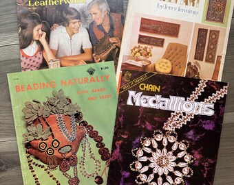 Lot of 4 Vintage 1970s Leather Working and Beading Booklets Leatherwork Bead Jewelry Making