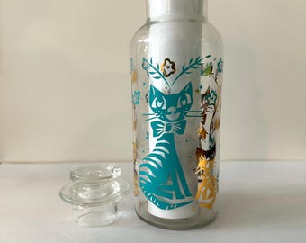 1950s or 1960s MCM Vintage Glass Canister / Apothecary Jar with Cat and Floral Motifs Gold and Turquoise