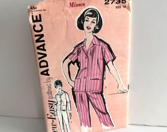 Complete Vintage Sewing Pattern Misses Pajamas Set PJs Advance 2735 1960s Size 10