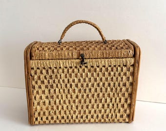 Vintage Woven Purse with Wooden Frame Wood Side Panels Case Rustic Boho Decor Natural Fiber Basket