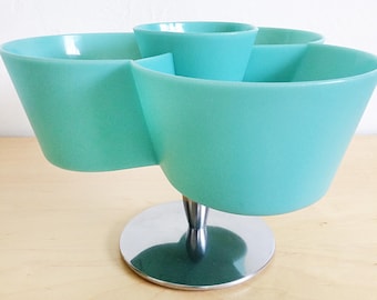 Unique Space Age Mid-Century Modern Aqua Plastic Chip and Dip Snack Serving Set 1960s Party Hosting Entertaining