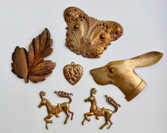 Lot of Vintage French Embossed Brass Findings Charms