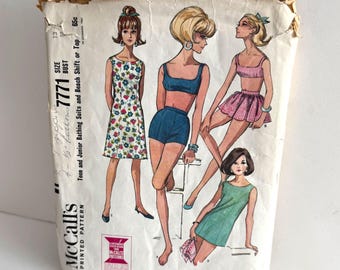 Complete Vintage Sewing Pattern McCall's 7771 Misses Juniors Bathing Suits Separates 1960s Shift Tops Shorts Size 13