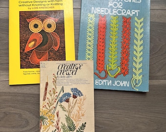 Lot of 3 Vintage Needle Art Fiber Art Books Needlework String Crewel Embroidery 1960s and 1970s