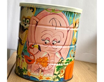 Vintage Coffee Can Animals Jungle Theme Tin Zoo Metal MCM Cheerful Graphics Litho Retro Kitchen Decor Folgers