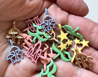 Lot of 17 Vintage Metal Painted Charms Beads Pendants Mushrooms Fish Birds Pastel