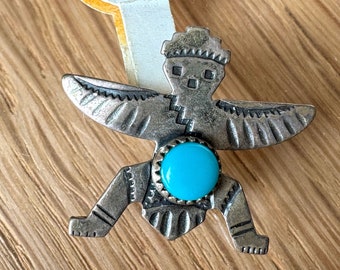 Vintage Sterling Silver Turquoise Pin Brooch Winged Eagle Dancer Taxco Style Native American Jewelry Accessory Prong Setting Zuni Southwest