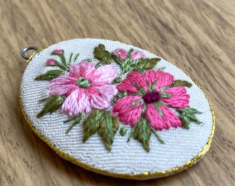 Embroidered Pendant Pink Flower Jewelry Textile Needlework Floral Charm Fabric