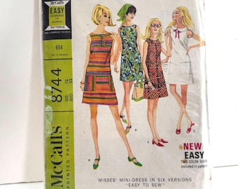 Complete Uncut Vintage Sewing Pattern McCall's 8744 Misses Juniors Mini Dresses 1960s Shifts Size 12 Bust 32