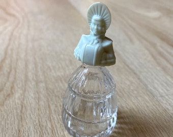 Small Vintage Perfume Bottle Lady with Tiered Skirt Figural Glass Plastic Victorian Woman