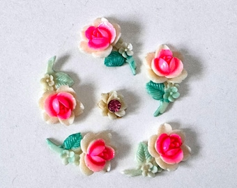 Lot of 6 Vintage Painted Celluloid Rose Cabochons Antique Beads Flat Back Japan