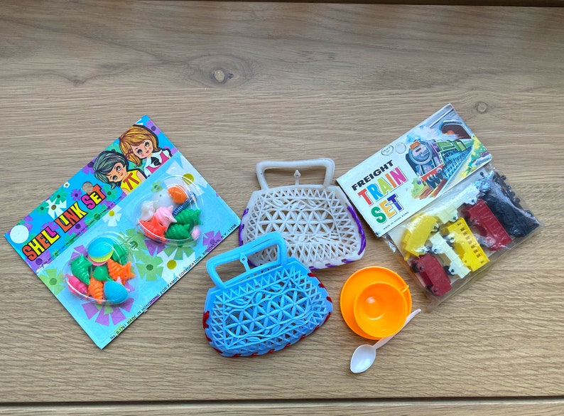 Novelty Toys NIP Vintage Mix Tea Set Train Purse Jewelry Plastic Hong Kong Stocking Stuffer Surprise Ball Doll Dime Store 1960s Prizes image 1