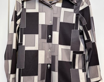 Groovy Vintage 1970s Op Art Geometric Print Button Up Shirt Blouse