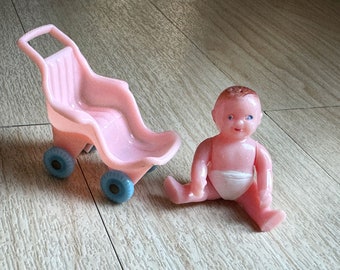 Vintage Miniature Baby and Stroller Doll Movable Limbs Articulated Plastic Tiny Toy Collectible Ornament Dollhouse Infant