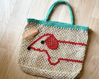 Jute Bag Top Handle Handbag Dog Oversized Purse Macrame Beach Dachshund Weiner Handmade NWT New with Tags Unused Animal Tote Travel Sack