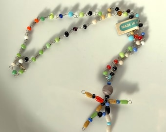 Vintage 1940s Glass Bead Necklace with Doll "End Of The Day" Multi-Color Beaded Chain