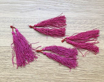 4 Vintage Tassel Pairs Fuchsia Magenta Passementerie Fringe Edgings Small Double Tassels Dark Pink Trims Ornaments Charms Cords Threads