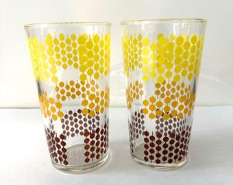 Mid-century Modern 1960s Drinking Glass Pair Groovy Dots Yellow Brown Tan