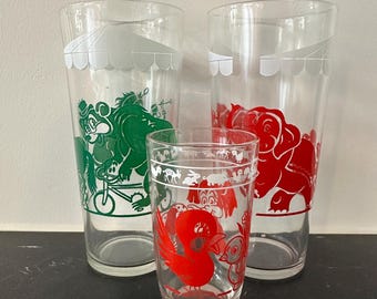 3 Collectible Vintage Glasses Circus Theme Elephants Bear Horses  1960’s Bartlett Collins and a 1950s Swanky Swig