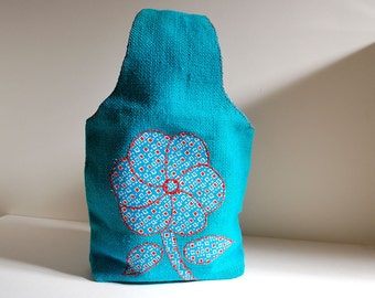 Vintage Burlap Bag for Knitting Tote Blue Turquoise Totebag Flower Floral Applique Purse Woven Handbag Accessory Sack