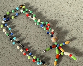 Vintage 1940s Glass Bead Necklace with Doll "End Of The Day" Multi-Color Beaded Chain