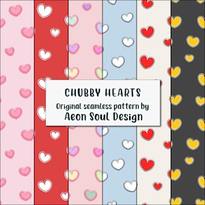 Può includere: Una collezione di motivi senza cuciture con cuori paffuti di vari colori. I motivi presentano sfondi rosa, rossi, azzurri e neri. Il testo "CHUBBY HEARTS" e "Original seamless pattern by Aeon Soul Design" è visibile.