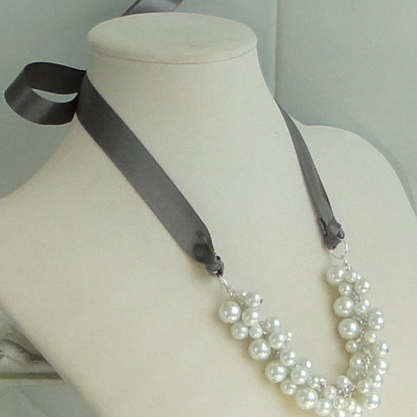 Reserved For Beth Samaha BRIDESMAID GIFT Gray Ribbon & White Pearl WEDDING Bridal Necklace