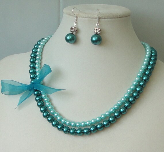 Items similar to BRIDESMAID GIFT Teal & Turquoise Two Strand Pearl ...