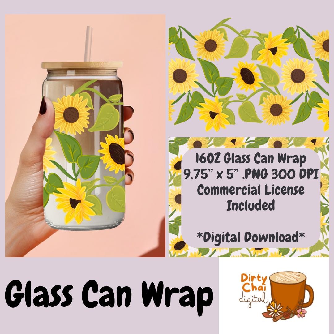 Trailing Sunflowers Hand Drawn Summer Flowers | 16oz Glass Can Wrap ...