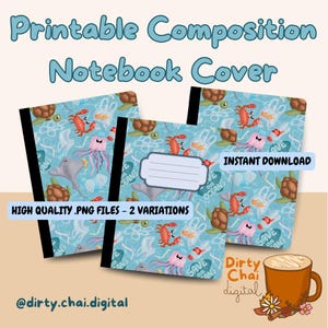 May include: Printable composition notebook covers with an ocean theme. The covers feature illustrations of sea creatures like turtles, crabs, jellyfish, and stingrays, set against a light blue background. Text includes "Printable Composition Notebook Cover" and "Save Our Oceans".