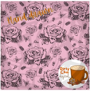 May include: A seamless pattern featuring hand-drawn black roses on a pink background. The text "Hand Drawn" is written in orange across the top of the pattern. A white circle with the text "Dirty Chai Digital" is in the bottom right corner of the pattern. The circle also contains a brown mug of chai tea with whipped cream on top.