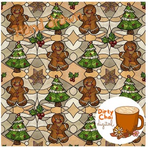 May include: A seamless pattern featuring gingerbread men and Christmas trees in a stained glass style. The background is a light brown with a geometric pattern. The text "Hand drawn" and "Dirty Chai digital" are also included in the design.