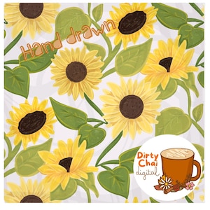 May include: A seamless pattern featuring hand-drawn sunflowers with green leaves on a white background. The text "Hand drawn" is written in black across the top of the image. The bottom right corner of the image features a white circle with the text "Dirty Chai digital" in orange and black.