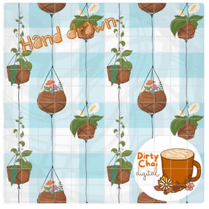 Hanging Plants Gingham Seamless Pattern | 4000x4000 300dpi PNG File | High Quality Digital Design | Crazy Plant Lady Delicate Pastel Blue