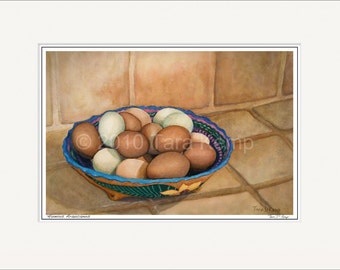 Huevos Araucanos (Araucana Eggs) - Archival botanical signed print in a 11x14 mat, from original painting by Tara Kemp