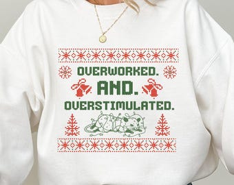 Overwerkt en overgestimuleerd, kersttrui opossum, kantoor lelijke kersttrui, vakantiefeest ronde hals, shirt grappige collega of baas