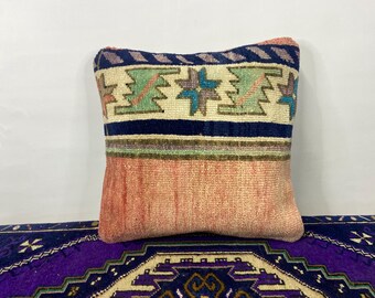 16x16 Throw Pillow, Handmade Rug Pillow, 16x16 Kilim Cover, Boho Decorative Cushion, Vintage Turkish Rug Pillow, Ethnic Kilim Cushion