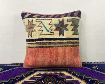 Handmade Rug Pillow, 16x16 Kilim Cover, Boho Decorative Cushion, Vintage Turkish Rug Pillow, Ethnic Kilim Cushion, 16x16 Throw Pillow